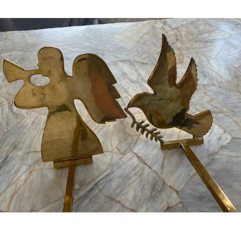 Vintage Solid Brass Christmas Stocking Holders Set of 2 Angel and Dove Gold